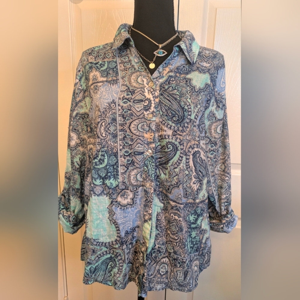 Chico's Teal and Navy Paisley Button Up EUC Sz3 = L - Picture 8 of 8